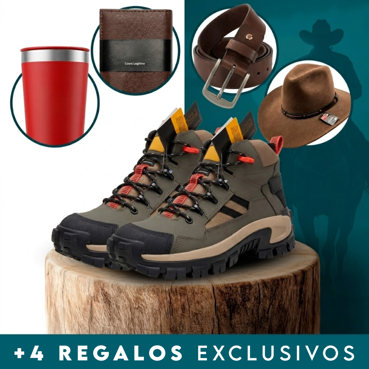 Kit Botina Masculina Bravo em Couro Legítimo e Palmilha Ortopédica + 3 BRINDES: Copo, Cinto e Carteira