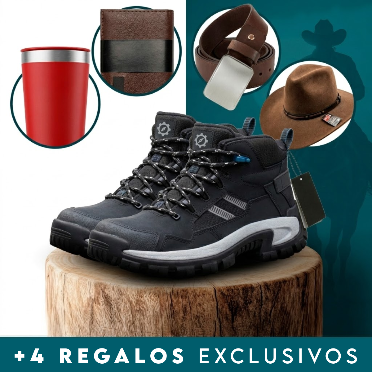 Kit Botina Masculina Bravo em Couro Legítimo e Palmilha Ortopédica + 3 BRINDES: Copo, Cinto e Carteira