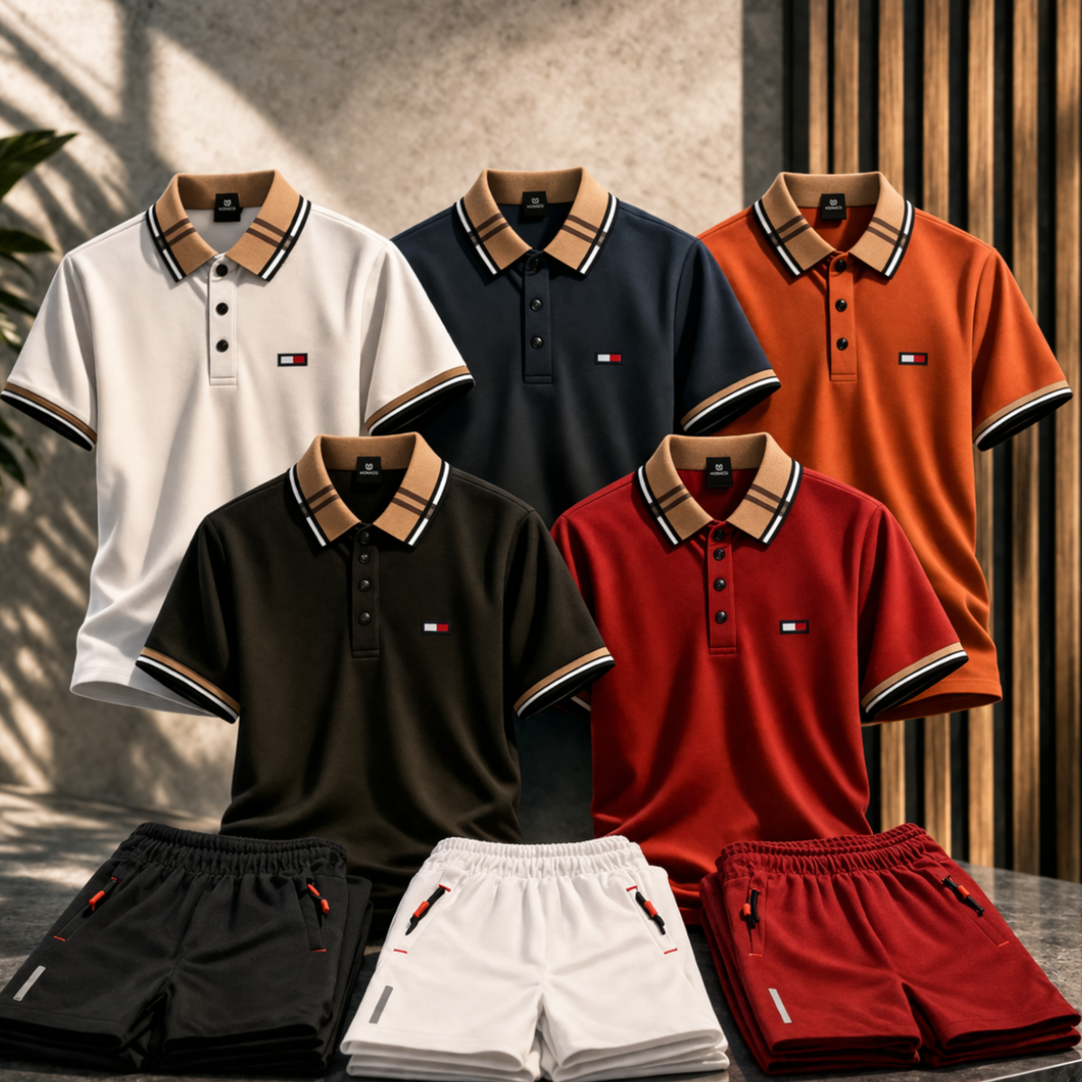 [Llevá 5 y Pagá 3] Camisa Masculina Monaco de Algodón y Poliéster + 3 Shorts Gratis