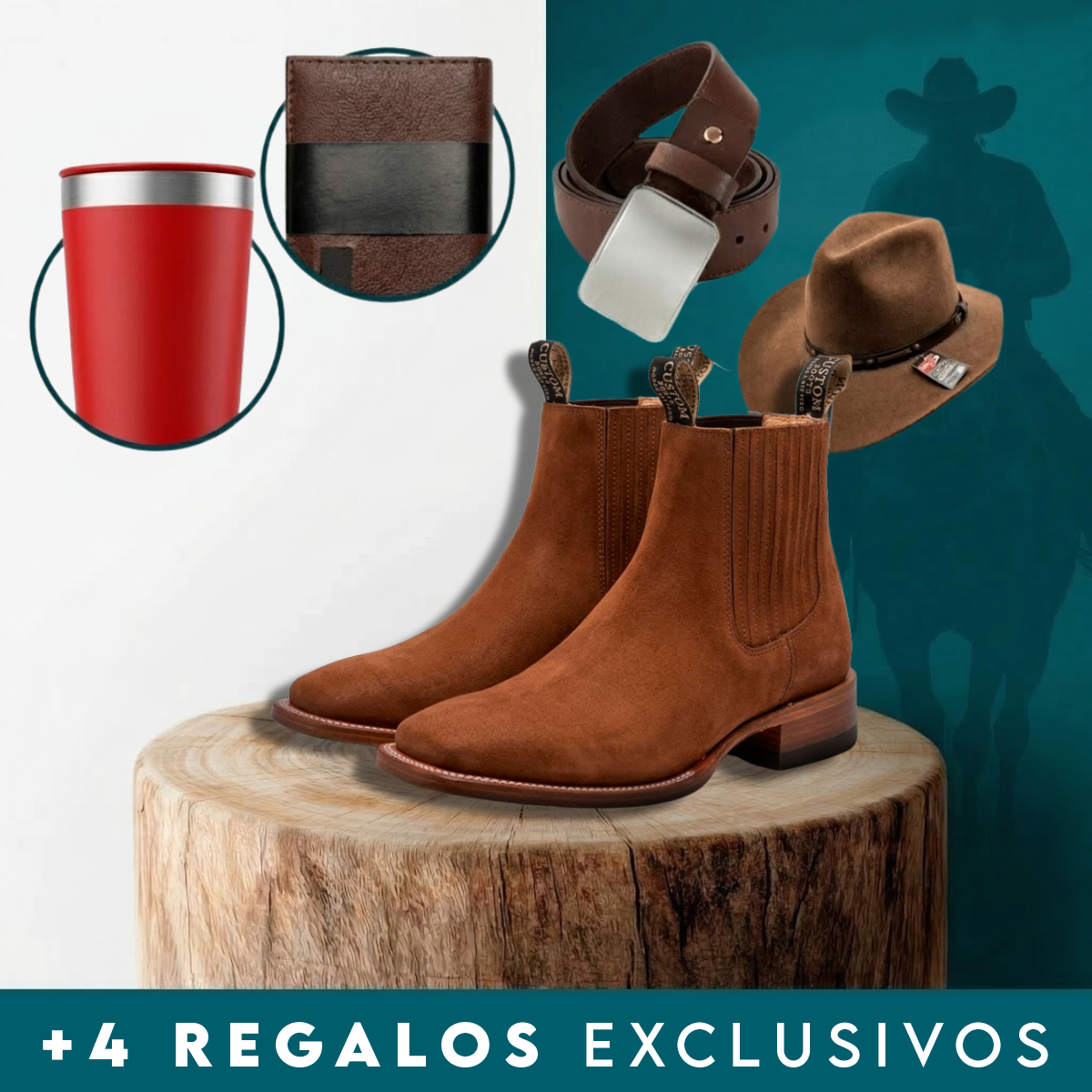 Kit Bota Masculina Pampa de Cuero Legítimo con Plantilla Ortopédica + 4 REGALOS: Vaso, Billetera, Cinturón y Sombrero
