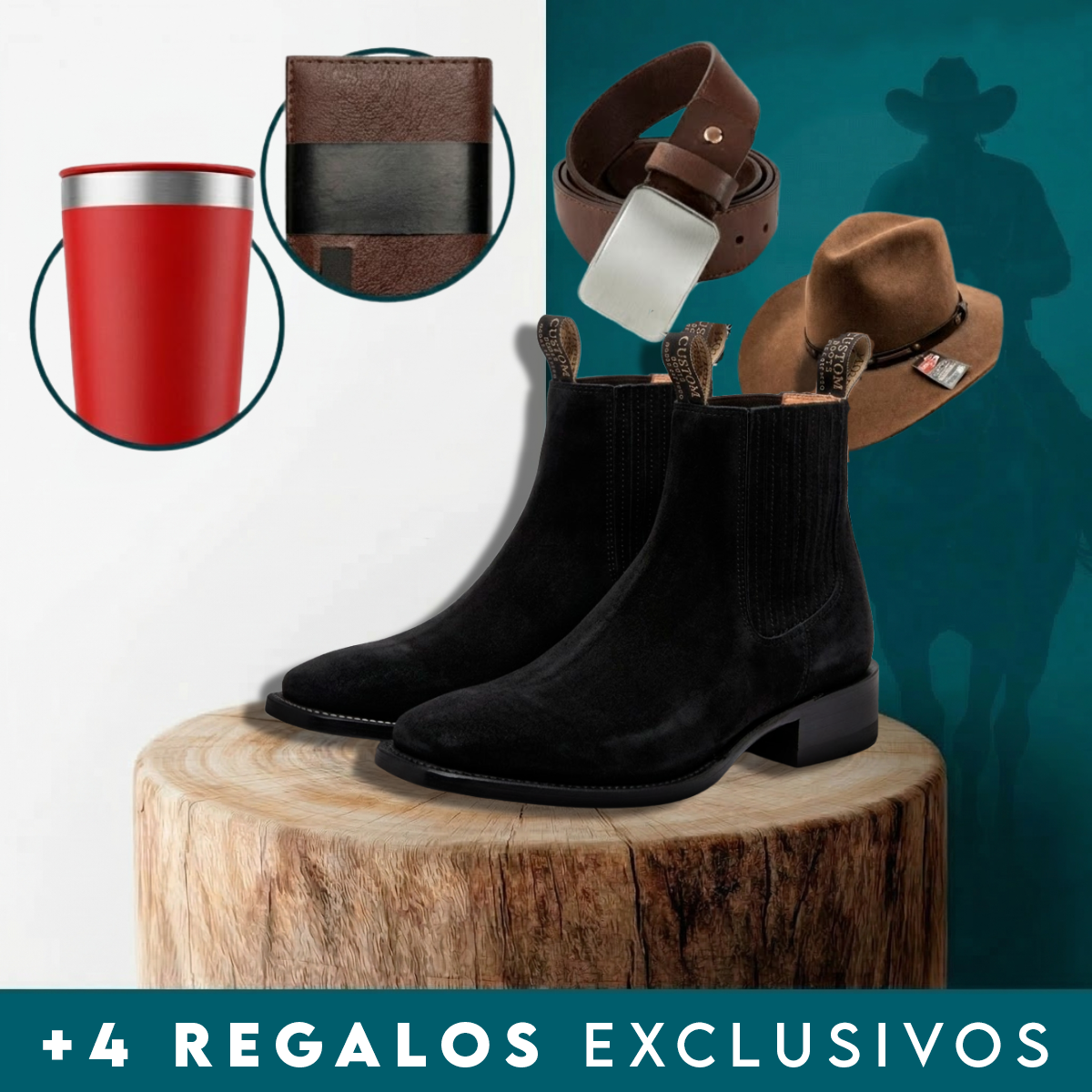 Kit Bota Masculina Pampa de Cuero Legítimo con Plantilla Ortopédica + 4 REGALOS: Vaso, Billetera, Cinturón y Sombrero