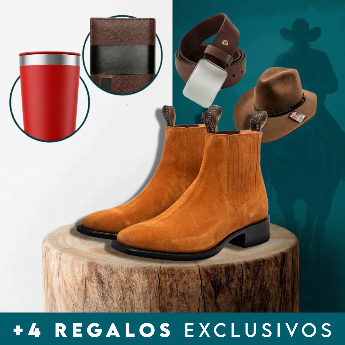 Kit Bota Masculina Pampa de Cuero Legítimo con Plantilla Ortopédica + 4 REGALOS: Vaso, Billetera, Cinturón y Sombrero