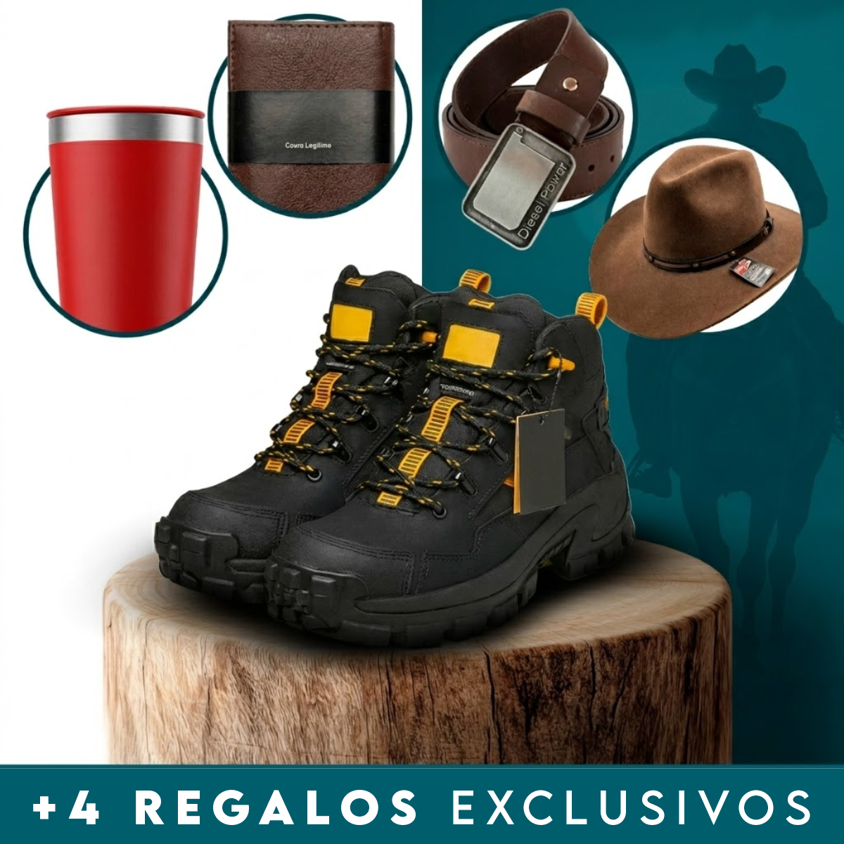 Kit Botina Masculina Bravo em Couro Legítimo e Palmilha Ortopédica + 3 BRINDES: Copo, Cinto e Carteira