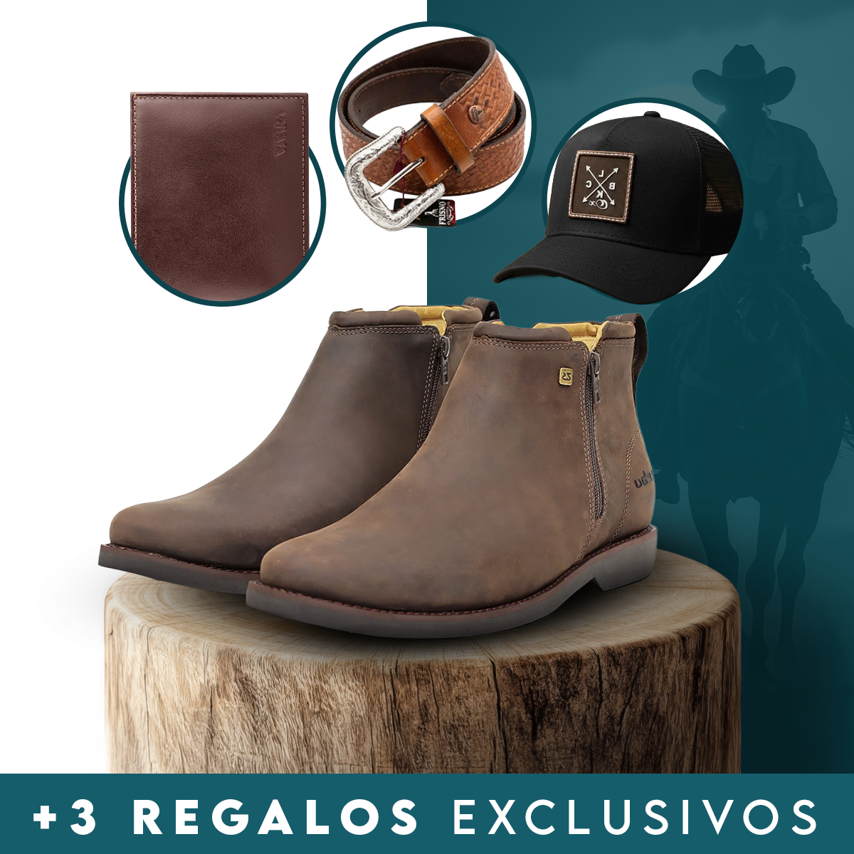 Kit Bota Zavu Casual Ortopédica Masculina de Cuero Legítimo + 3 REGALOS: Cinturón, Gorra y Billetera